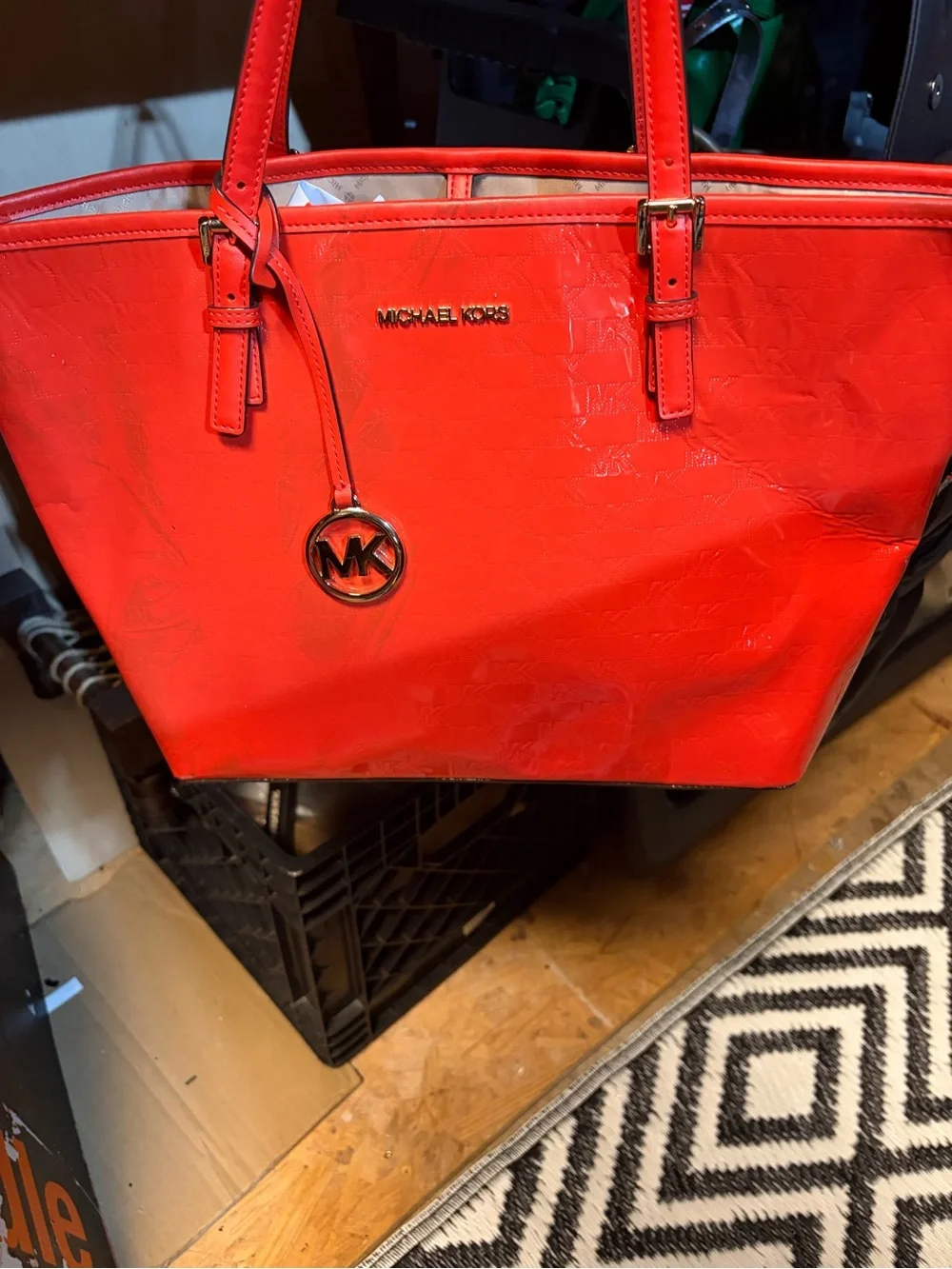 Michael Kors Bright Orange Patent Tote with Gold Hardware